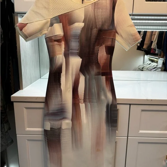 Elie Tahari Cream, Brown and Auburn Abstract Midi Dress. Size XS. - Picture 3 of 8